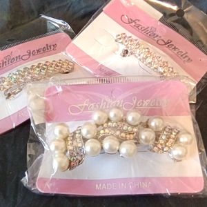 Set of 3 Silver Rhinestone and (1) Pearl Barrettes NWT